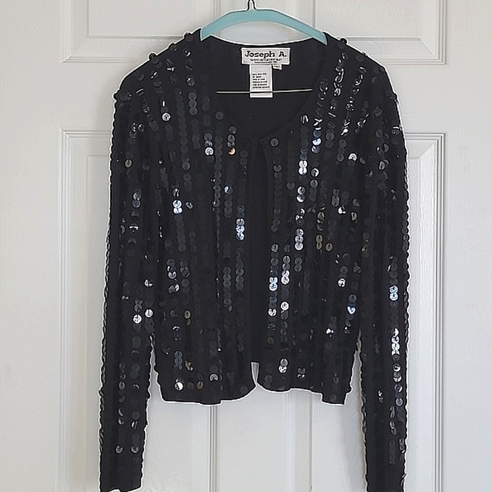 Joseph A. 100% silk fancy big sequin open front black cardigan size Large